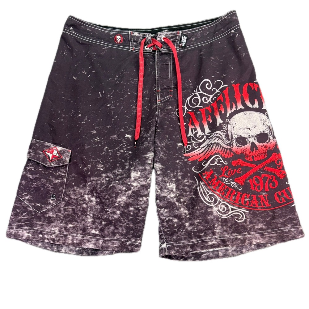 Affliction Board Shorts Mens 36 Black Red American Customs Skull Acid Wash Cargo
